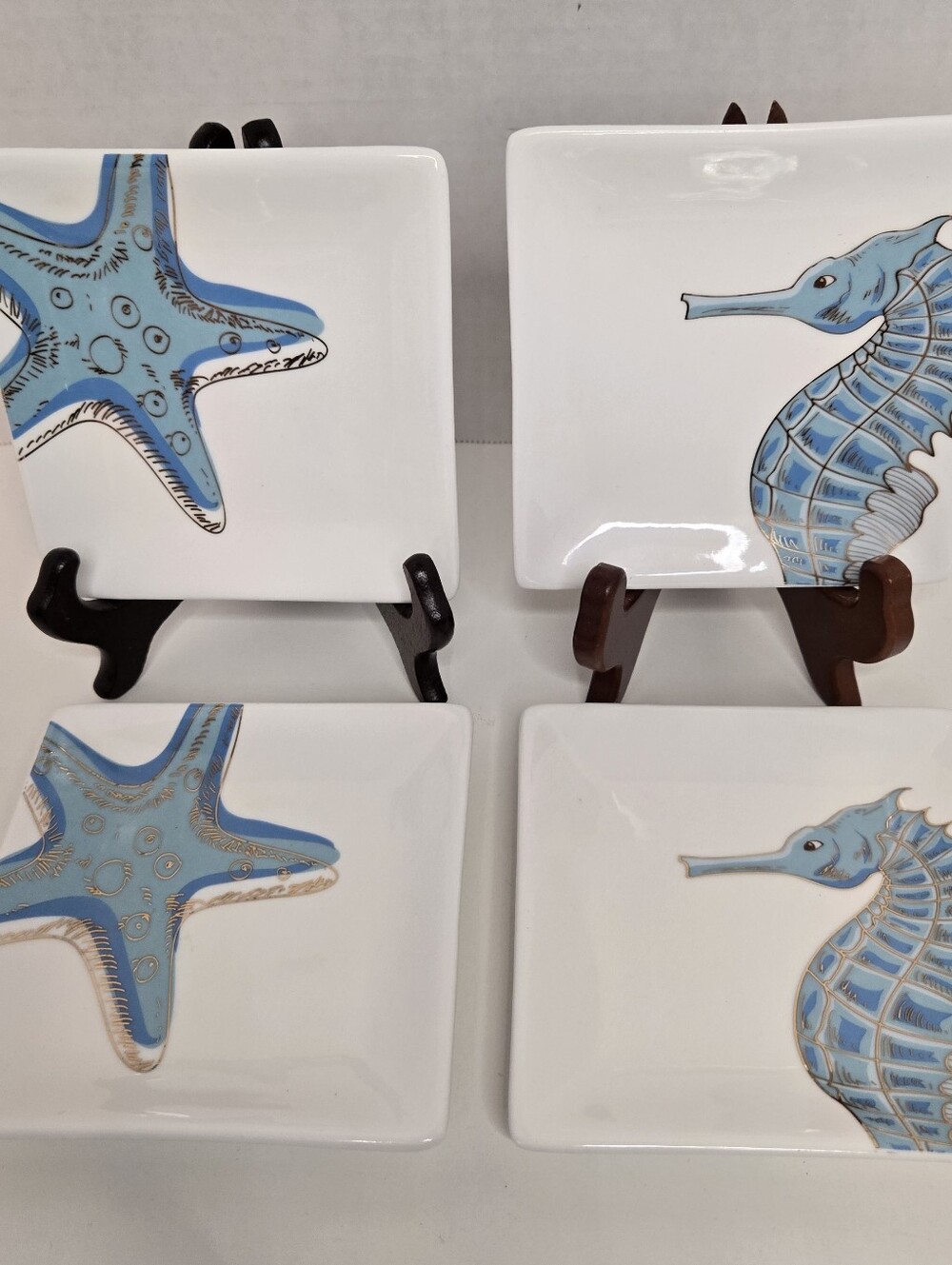 Grace's Teaware Blue Starfish & Seahorse Appetizer Snack Dessert Plates Set Of 4